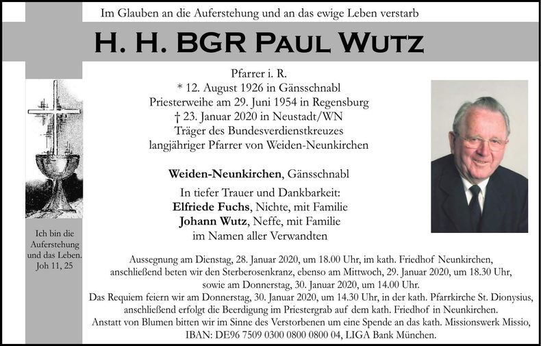 Traueranzeige Paul Wutz