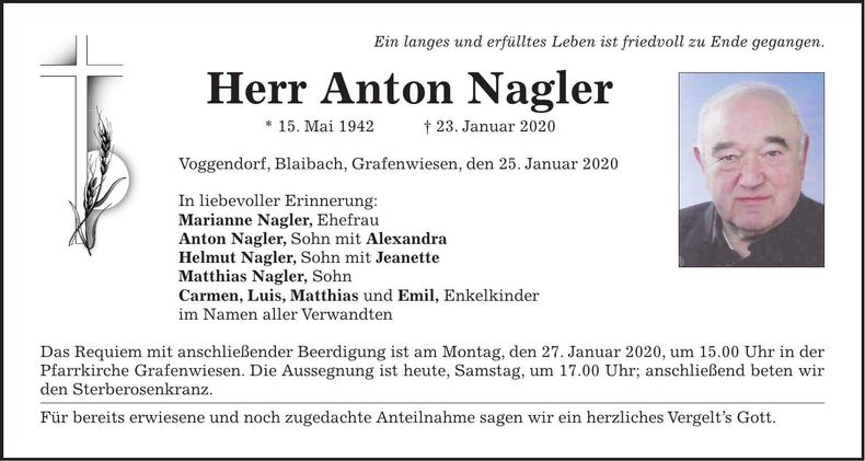 Traueranzeige Anton Nagler