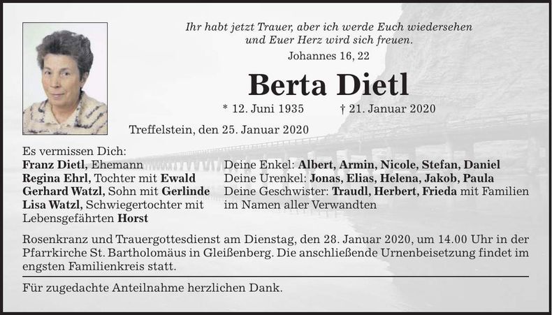 Traueranzeige Berta Dietl
