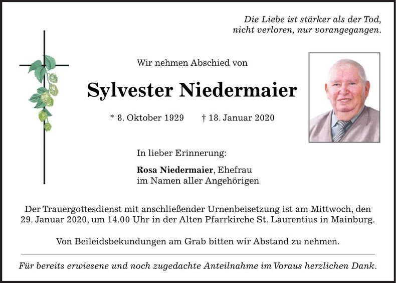 Traueranzeige Sylvester Niedermaier