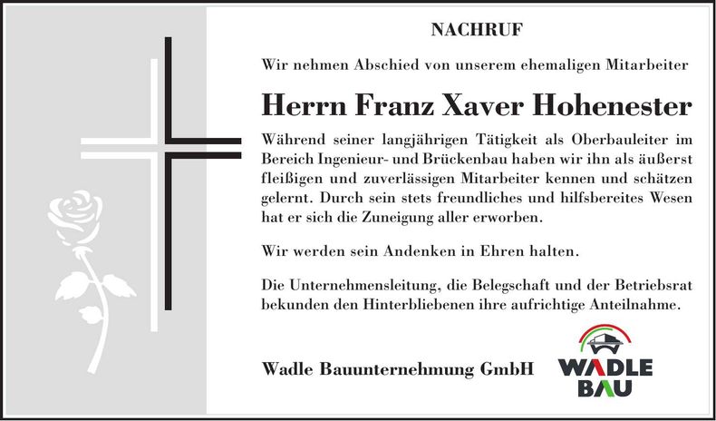 Traueranzeige Franz Xaver Hohenester