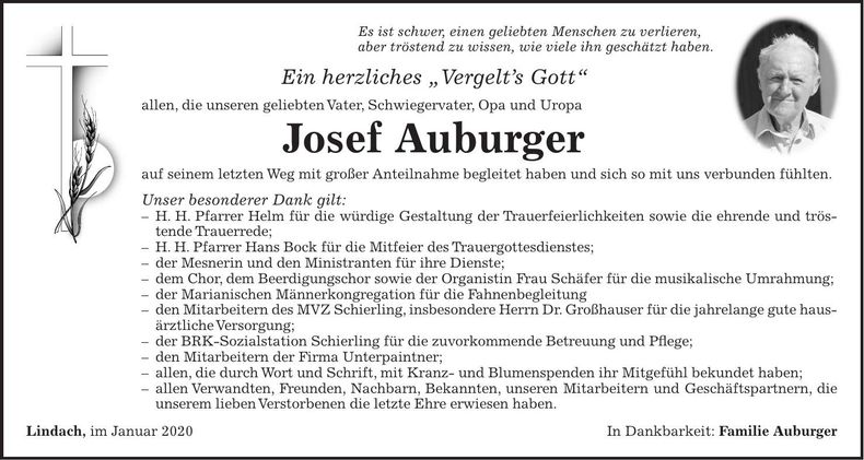 Traueranzeige Josef Auburger