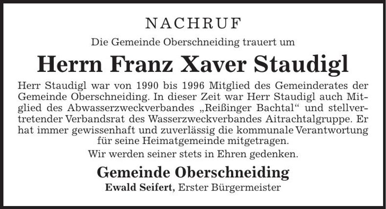 Traueranzeige Franz Xaver Staudigl