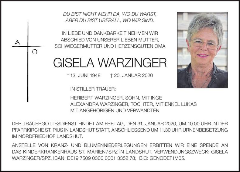 Traueranzeige Gisela Warzinger