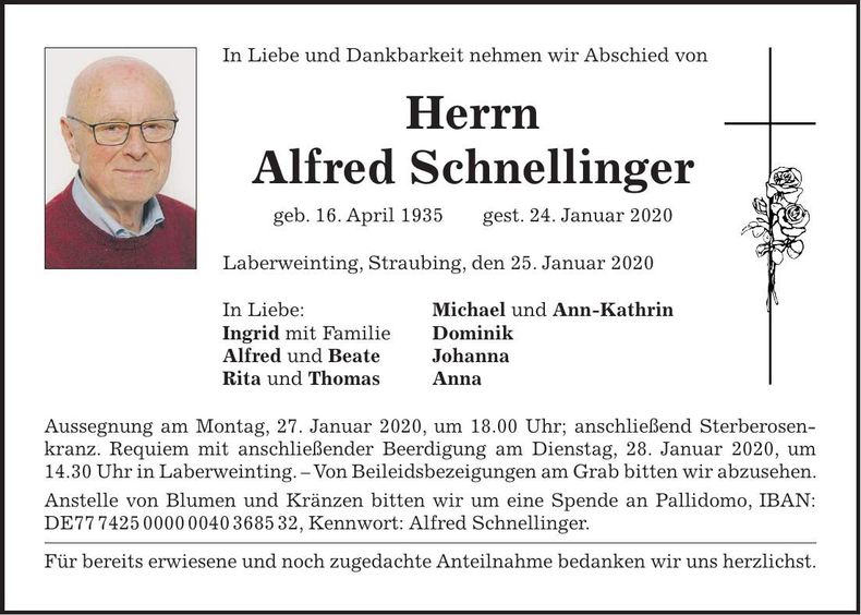Traueranzeige Alfred Schnellinger