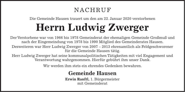 Traueranzeige Ludwig Zwerger