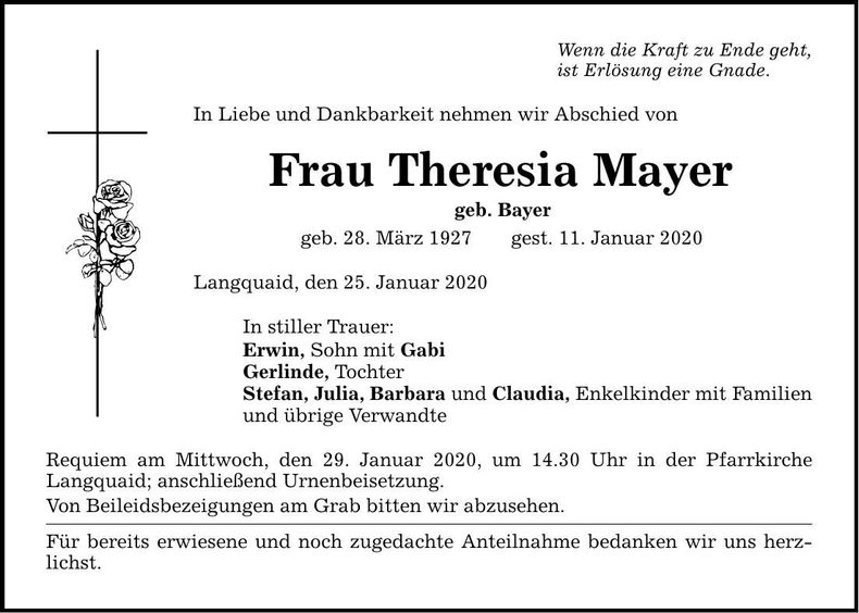 Traueranzeige Theresia Mayer