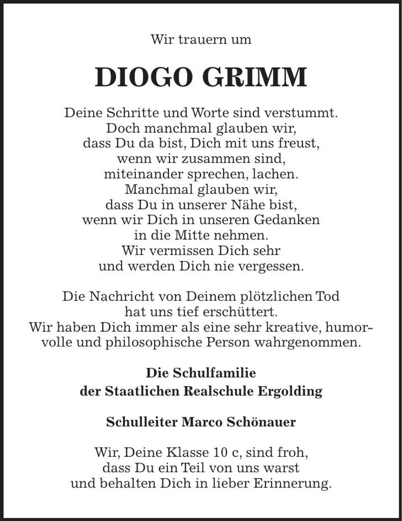 Traueranzeige Diogo Grimm