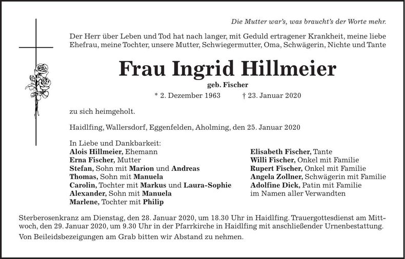 Traueranzeige Ingrid Hillmeier