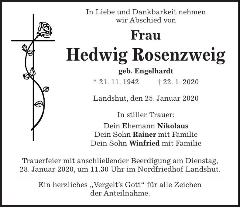 Traueranzeige Hedwig Rosenzweig
