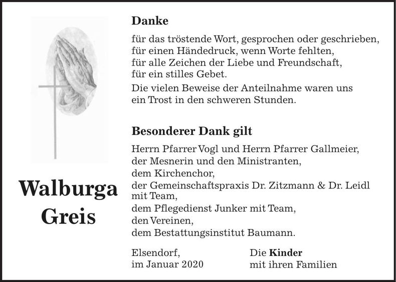 Traueranzeige Walburga Greis