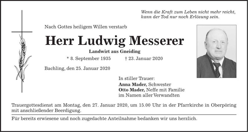 Traueranzeige Ludwig Messerer