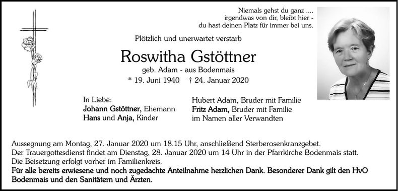 Traueranzeige Roswitha Gstöttner