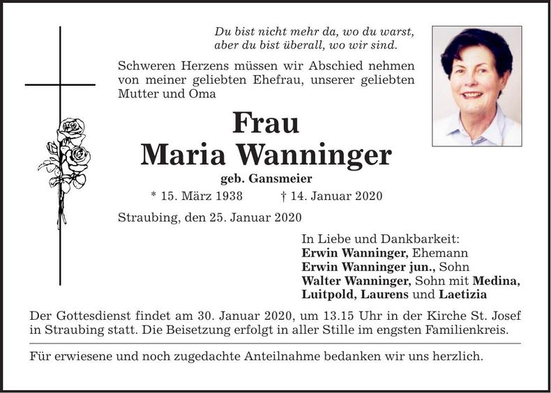Traueranzeige Maria Wanninger