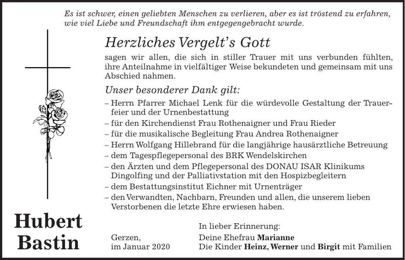 Traueranzeige Hubert Bastin