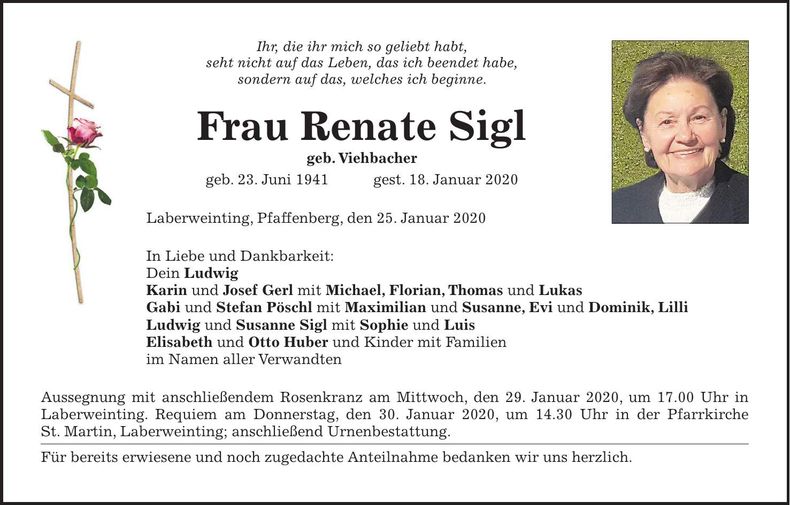 Traueranzeige Renate Sigl