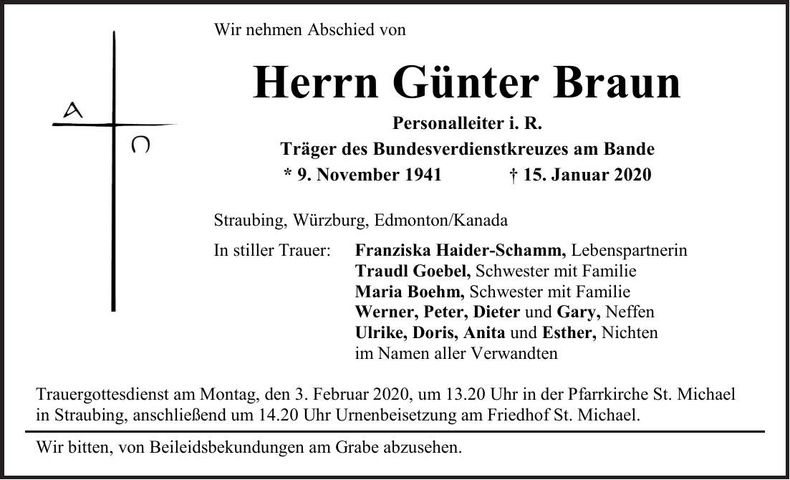 Traueranzeige Günter Braun