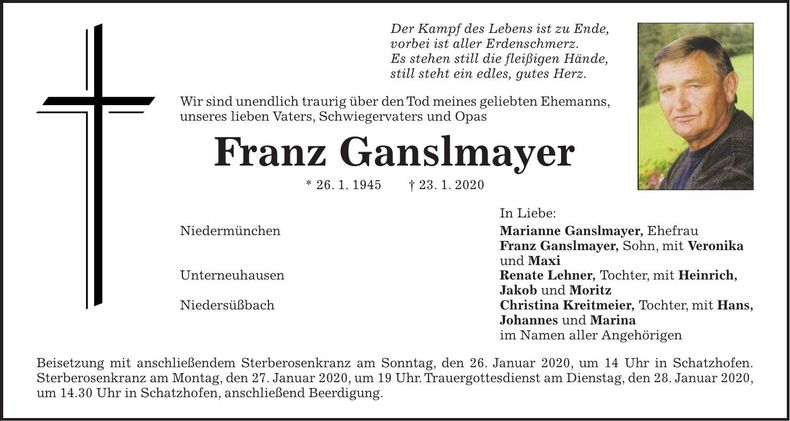 Traueranzeige Franz Ganslmayer