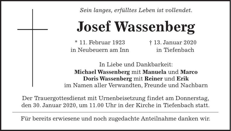 Traueranzeige Josef Wassenberg