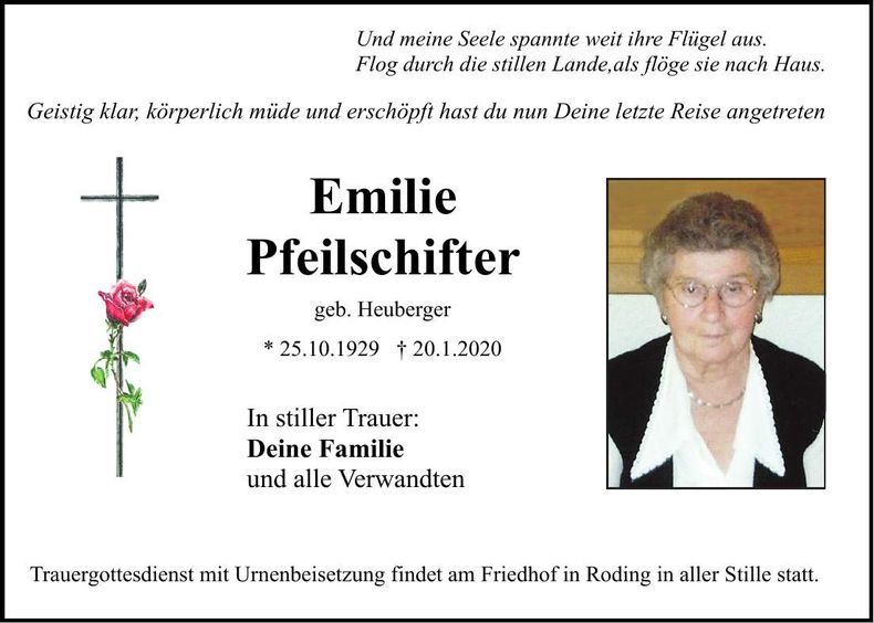 Traueranzeige Emilie Pfeilschifter