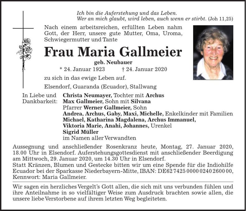 Traueranzeige Maria Gallmeier