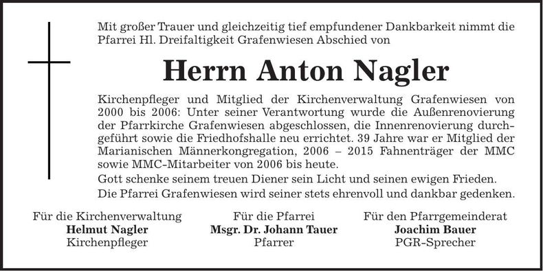 Traueranzeige Anton Nagler
