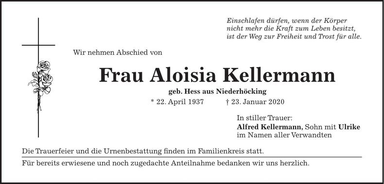 Traueranzeige Aloisia Kellermann