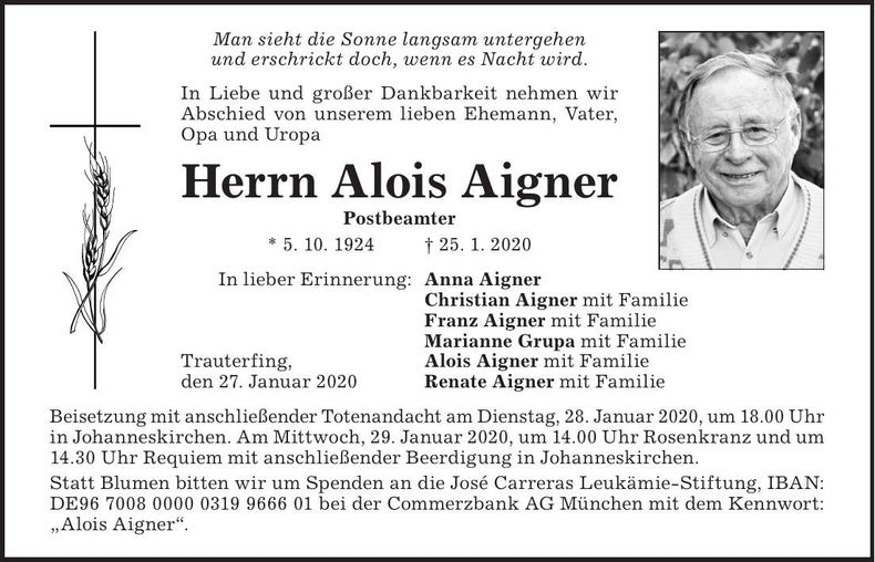Traueranzeige Alois Aigner