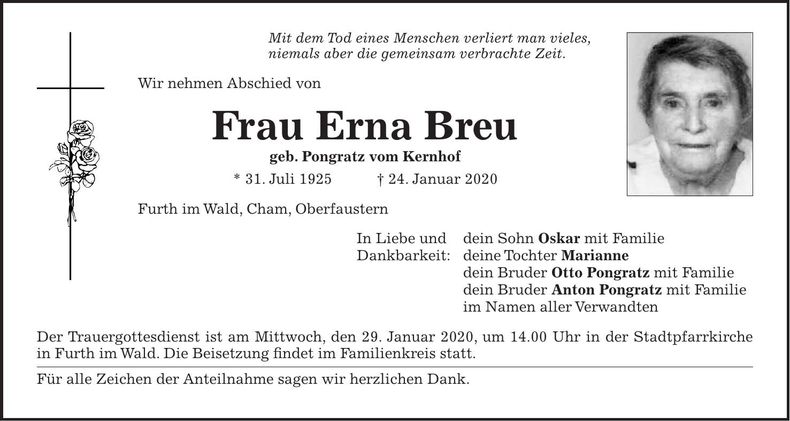Traueranzeige Erna Breu