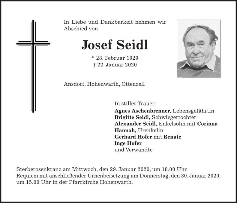 Traueranzeige Josef Seidl
