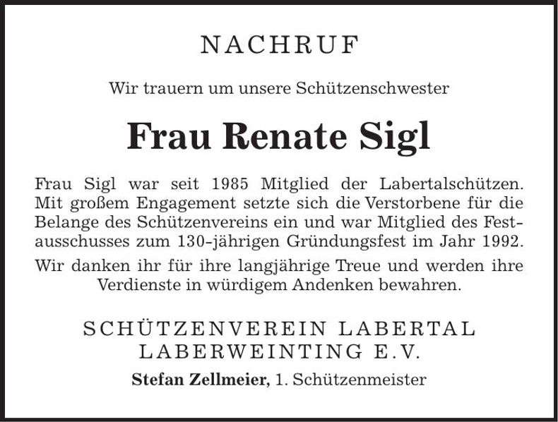 Traueranzeige Renate Sigl