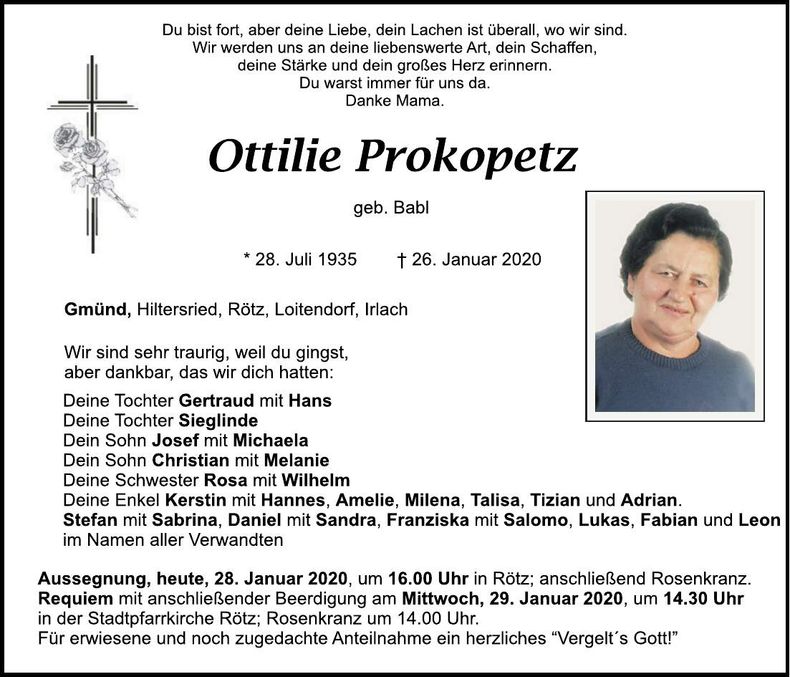 Traueranzeige Ottilie Prokopetz