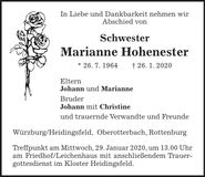 Traueranzeige Schwester Marianne Hohenester