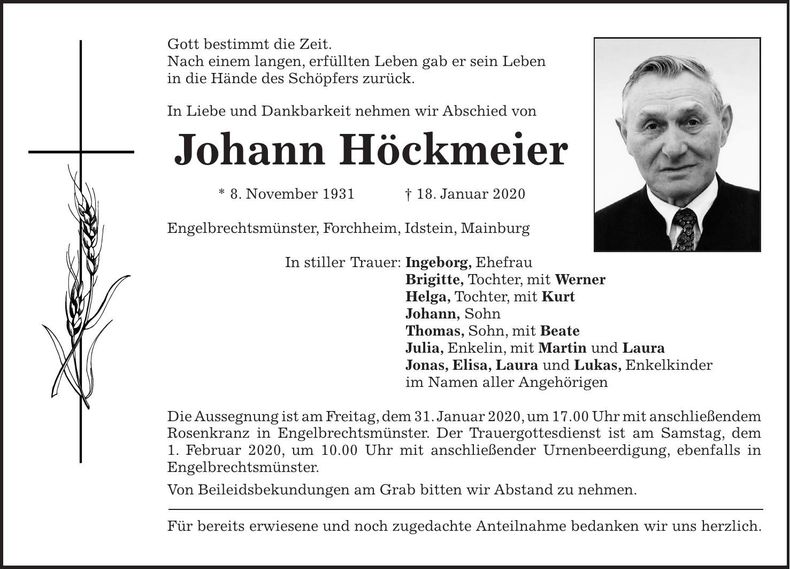 Traueranzeige Johann Höckmeier