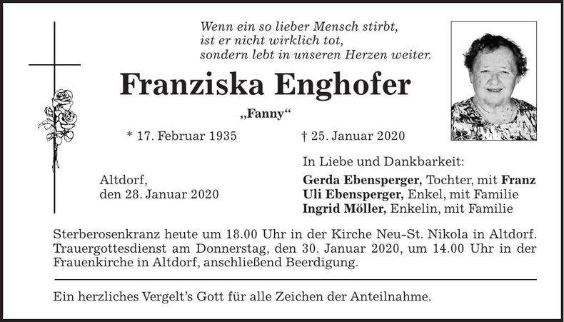 Traueranzeige Franziska Enghofer