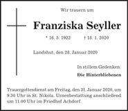 Traueranzeige Franziska Seyller
