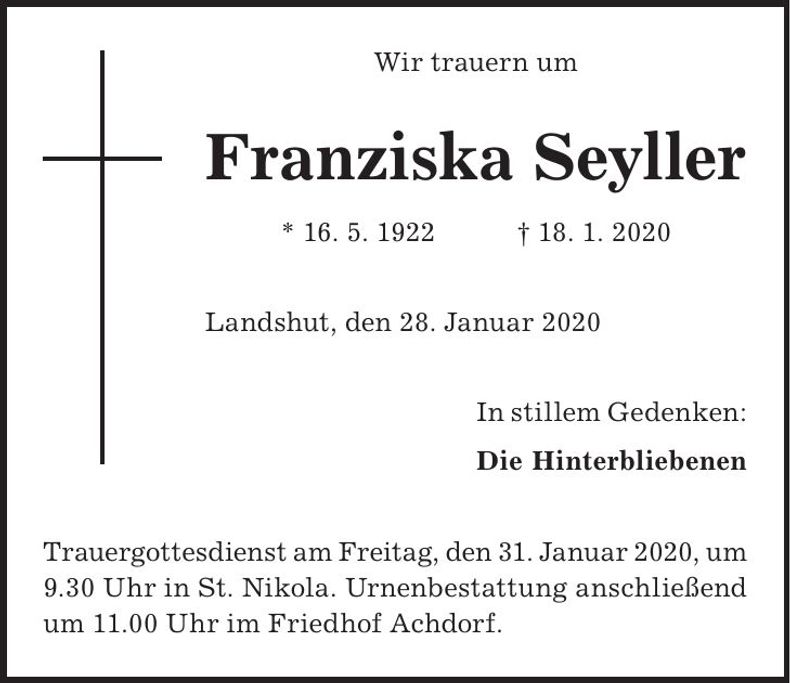 Traueranzeige Franziska Seyller