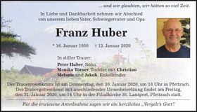 Traueranzeige Franz Huber