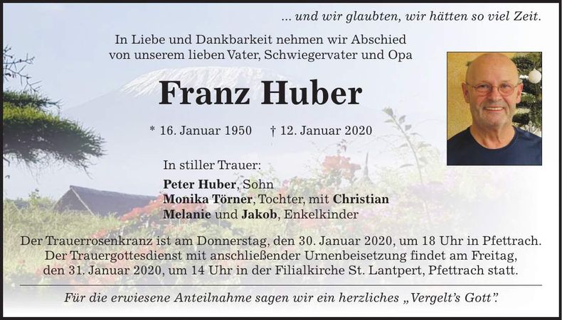 Traueranzeige Franz Huber