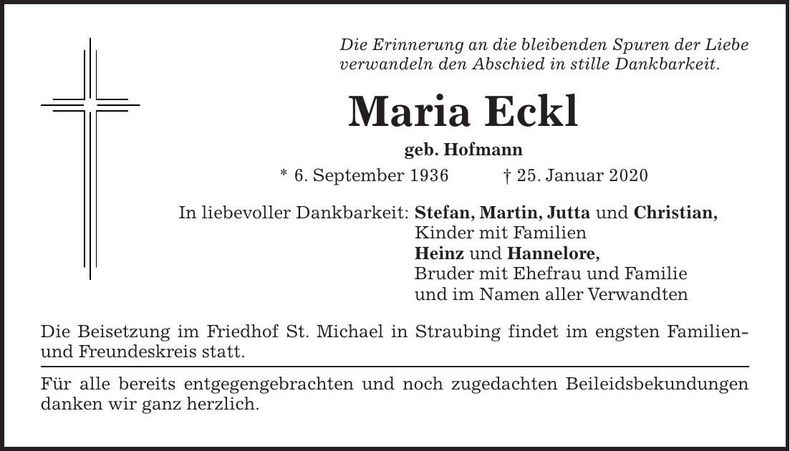 Traueranzeige Maria Eckl