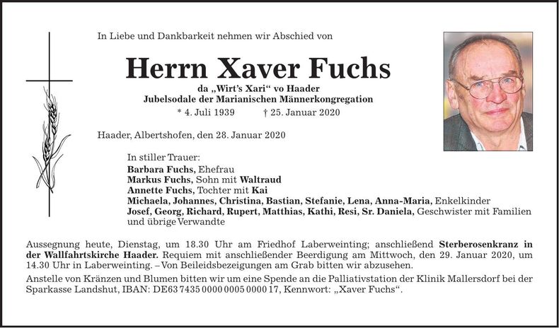Traueranzeige Xaver Fuchs