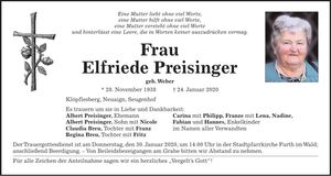 Traueranzeige Elfriede Preisinger