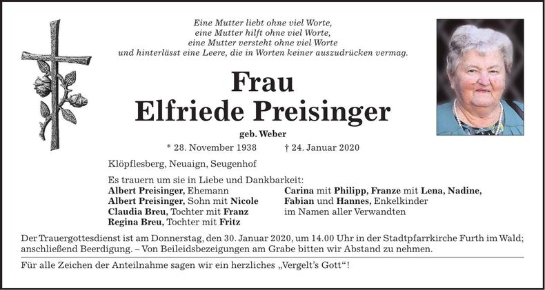 Traueranzeige Elfriede Preisinger