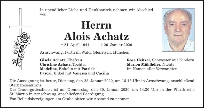 Traueranzeige Alois Achatz