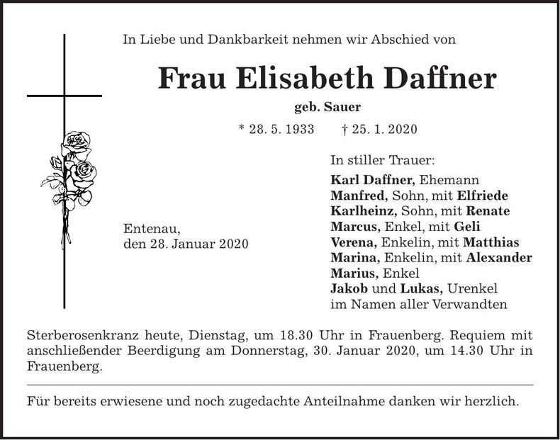 Traueranzeige Elisabeth Daffner