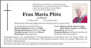 Traueranzeige Maria Plötz