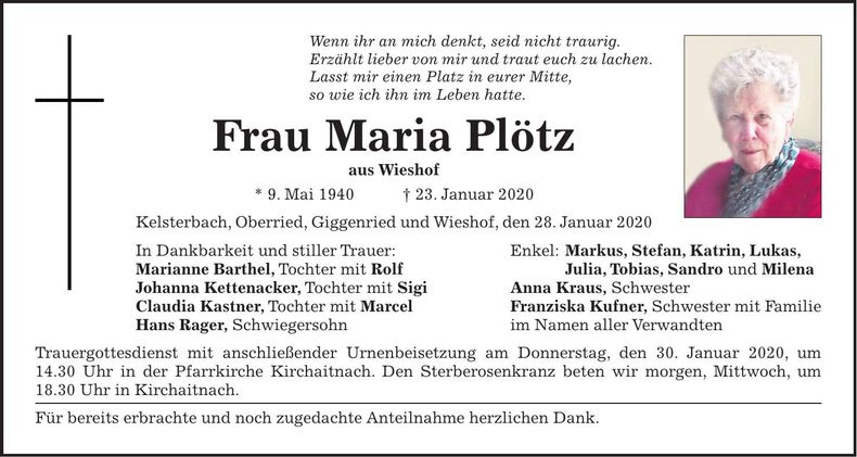 Traueranzeige Maria Plötz