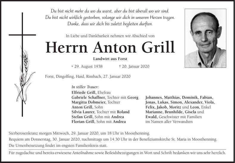 Traueranzeige Anton Grill