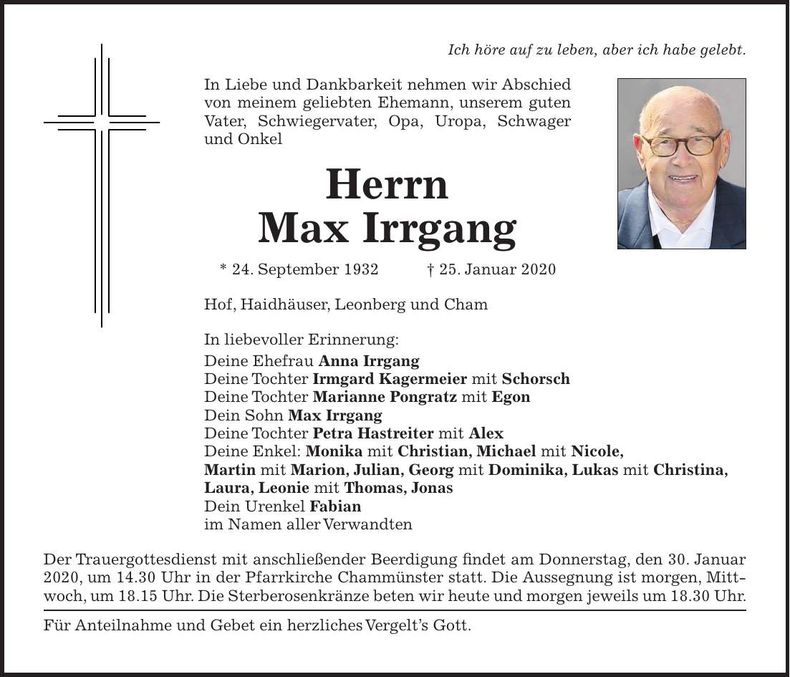 Traueranzeige Max Irrgang