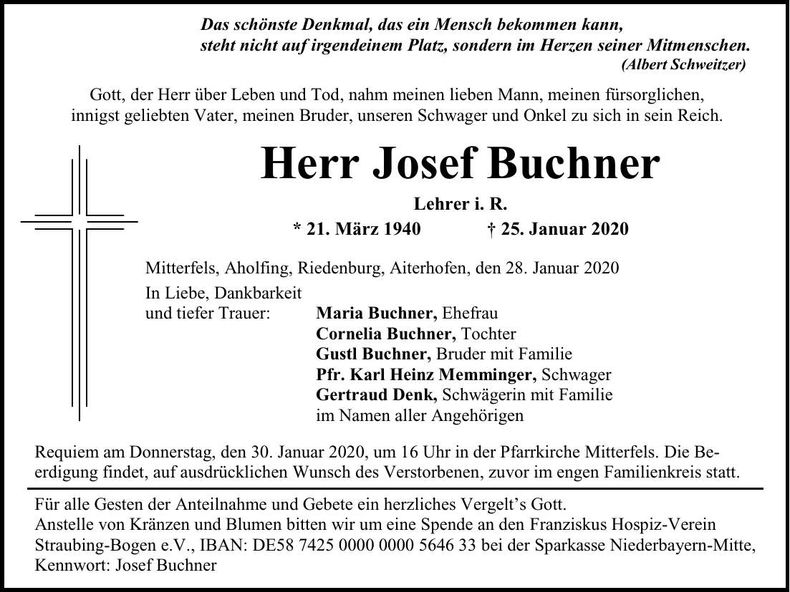 Traueranzeige Josef Buchner